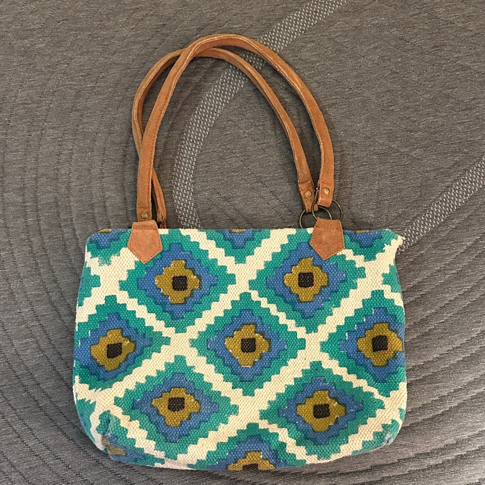 Handwoven Blue & Teal Diamond Tote with Brown Leather Straps